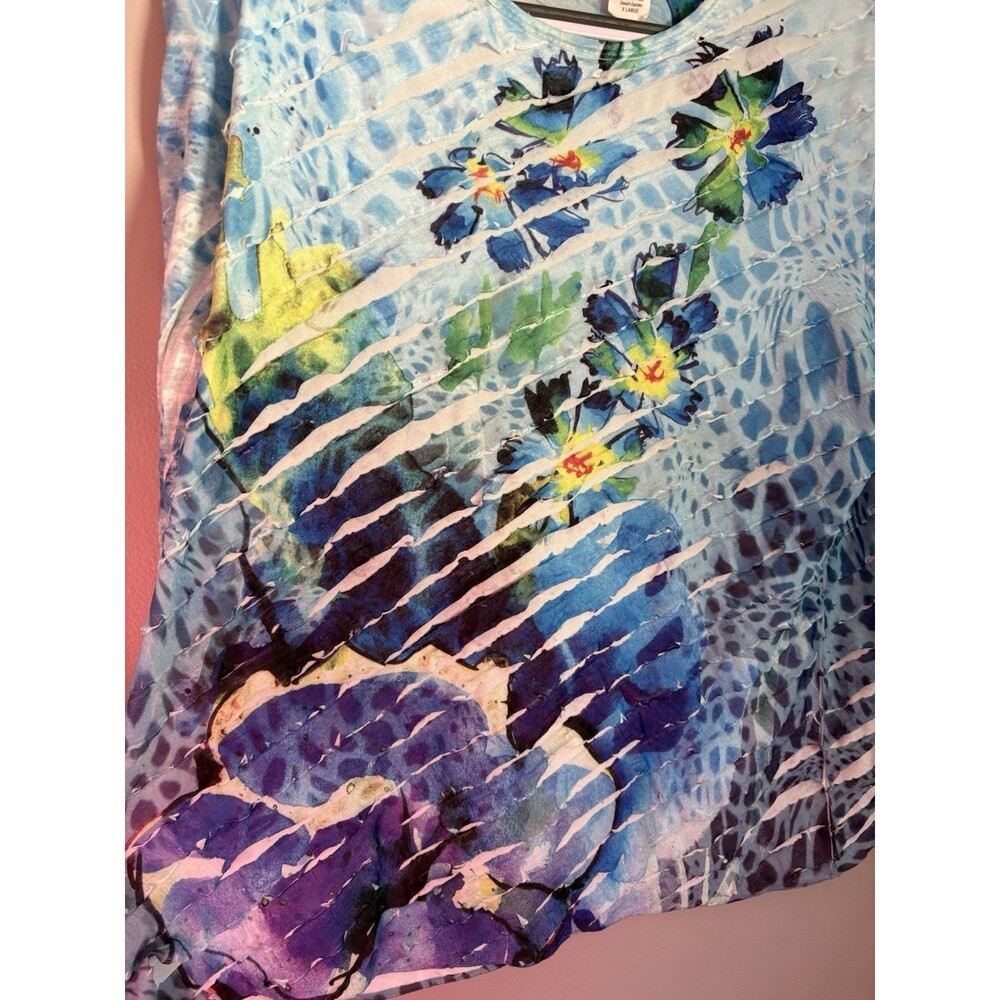 Jess & Jane XL Blue Floral Knit Tunic Top Ruffle 3/4 Sleeve Stretch Artsy Boho - Picture 2 of 10